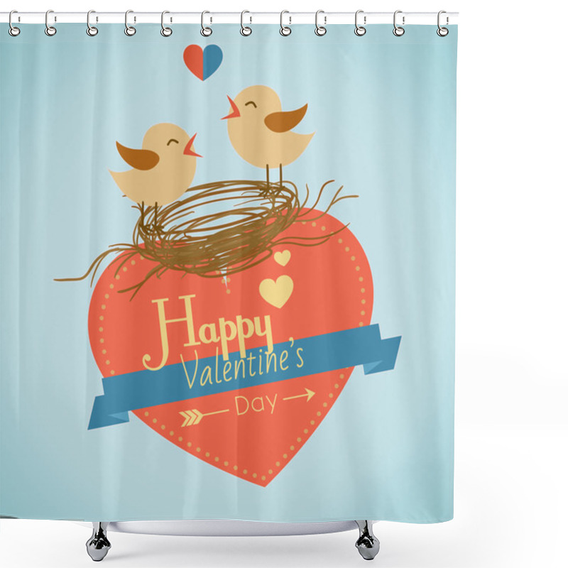 Personality  Happy Valentines Day Card With Cute Bird Couple Shower Curtains