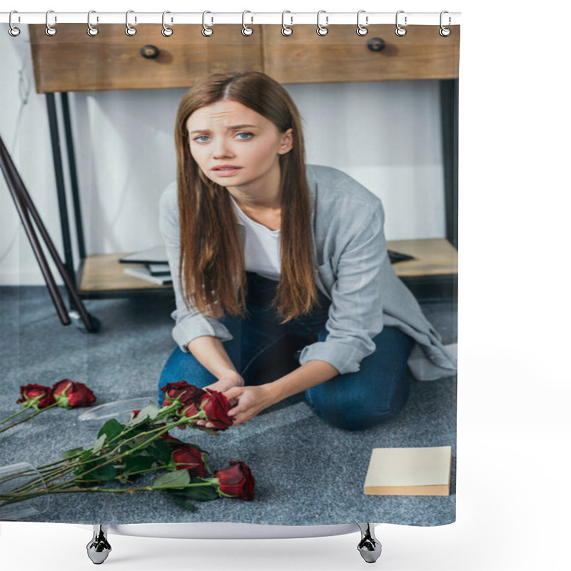 Personality  Attractive And Sad Woman Holding Flowers In Robbed Apartment  Shower Curtains