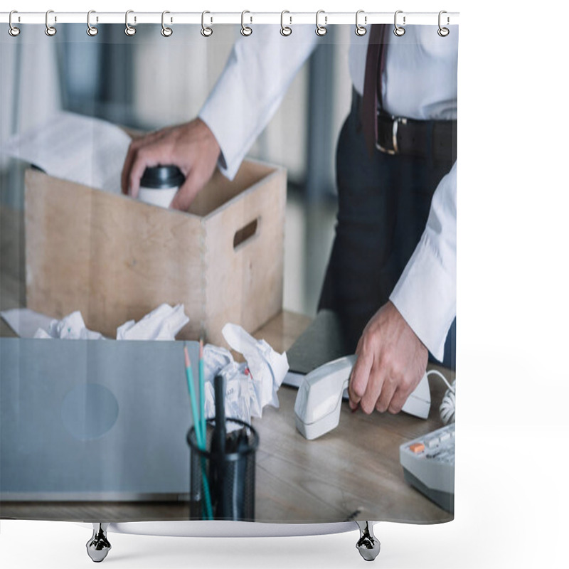 Personality  Cropped View Of Man Holding Paper Cup Near Wooden Box And Crumpled Paper Balls On Table  Shower Curtains