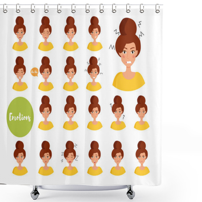 Personality  Woman With Different Emotions. Joy, Sadness, Anger, Talking, Funny, Fear, Smile. Set. Isolated Illustration On White Background. Vector. Cartoon. Flat. Face Expressions Shower Curtains