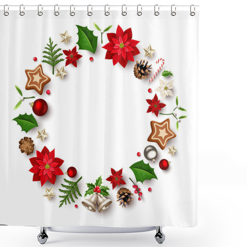 Personality  Vector Christmas Wreath With Poinsettia Flowers, Christmas Balls, Bells, Holly, Mistletoe, Fir Branches, Pine Cones, Stars, And Gingerbread Cookies On A White Background. Greeting Or Invitation Card. Shower Curtains