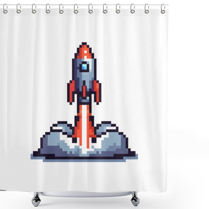 Personality  Pixel Art Illustration Of A Rocket Launch With Dynamic Orange Flames And Billowing Smoke Against A Clear Backdrop. Shower Curtains