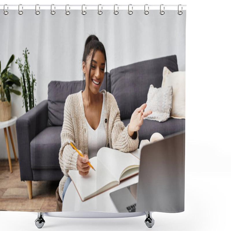 Personality  A Youthful Woman Engages In Remote Studying From Her Comfortable Home Environment. Shower Curtains