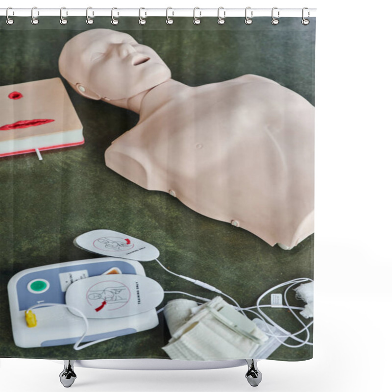 Personality  High Angle View Of CPR Manikin Near Wound Care Simulator And Automated External Defibrillator On Floor In Training Room, Medical Equipment For First Aid Training And Skills Development Shower Curtains