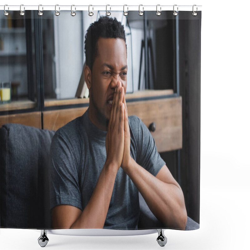 Personality  Nervous African American Man Sitting With Hands Together On Sofa At Home Shower Curtains