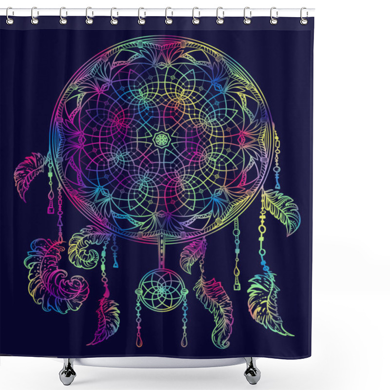 Personality  Colorful Dream Catcher With Ornament And Feathers. Design Concept For Banner, Card, T-shirt, Print, Poster. Vintage Hand Drawn Vector Illustration Shower Curtains