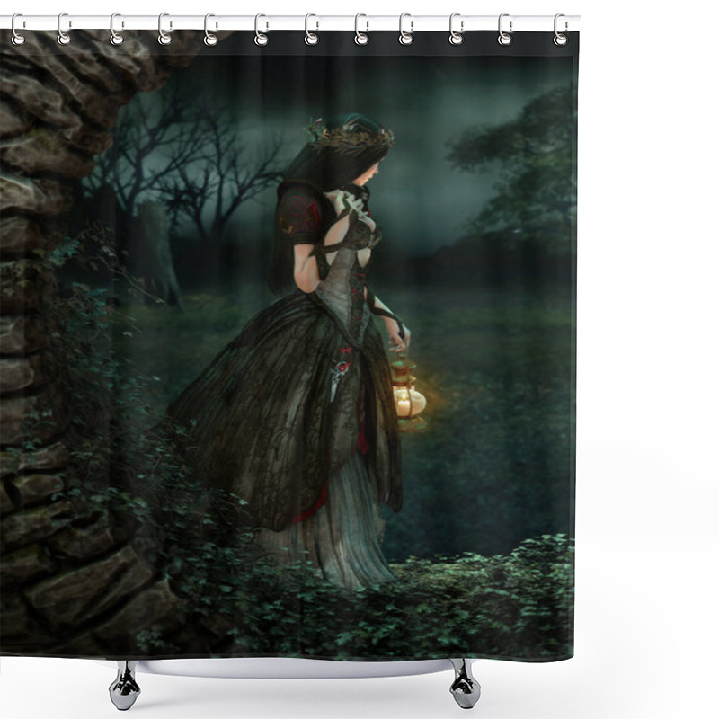 Personality  3d Computer Graphics Of A Woman With A Gothic Fantasy Gown And A Lantern In Her Hand Shower Curtains