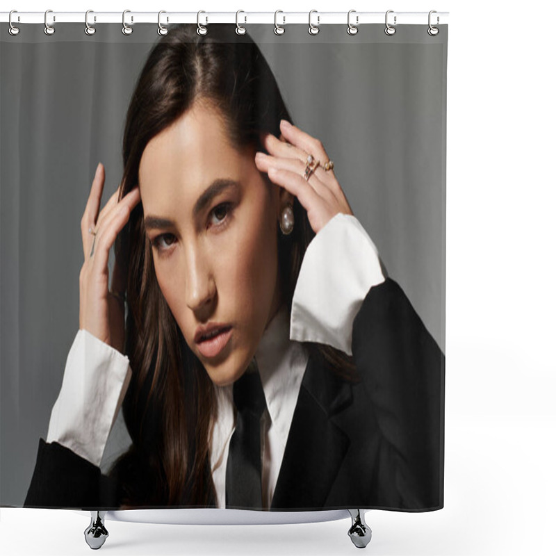 Personality  A Stunning Young Woman With Long Brown Hair Showcases A Chic Style In A Stylish Studio. Shower Curtains