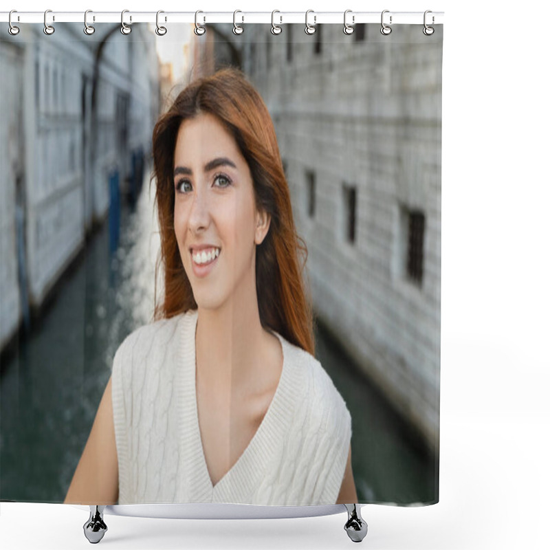 Personality  Portrait Of Happy Young Woman With Red Hair Smiling At Camera In Venice On Blurred Background Shower Curtains