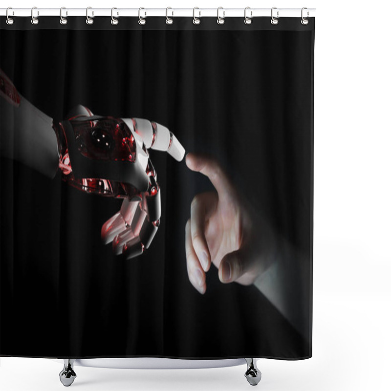 Personality  Red Robot Hand Making Contact With Human Hand 3D Rendering Shower Curtains