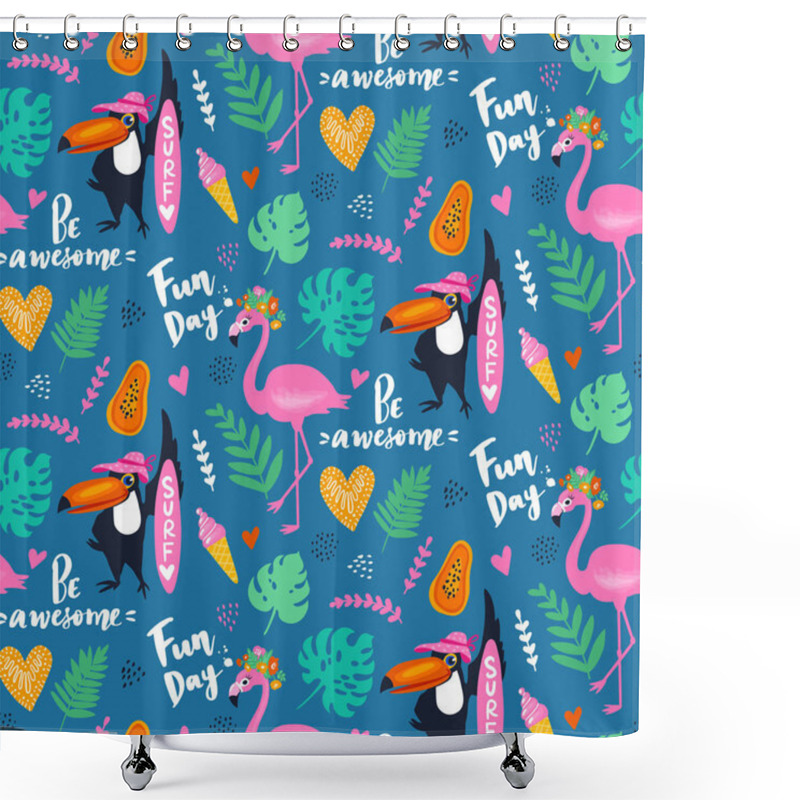 Personality  Vector Tropical Seamless Pattern With Pink Flamingo, Toucan, Tropic Leaves. Exotic Background. Shower Curtains