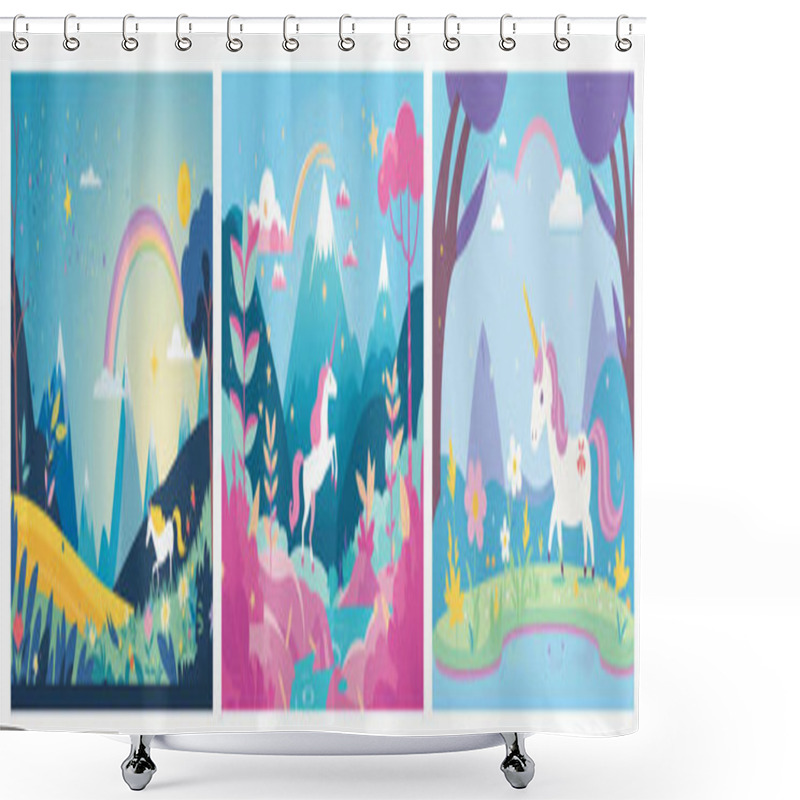 Personality  Get Lost In A Magical World With This Adorable Vector Illustration Collection Of A Unicorn In A Beautiful Nature Background - Perfect For Adding Whimsy And Enchantment To Your Projects Shower Curtains