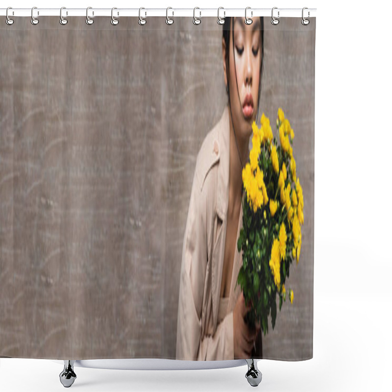 Personality  Brunette Asian Model Holding Beige Chrysanthemums On Abstract Brown Background, Banner  Shower Curtains