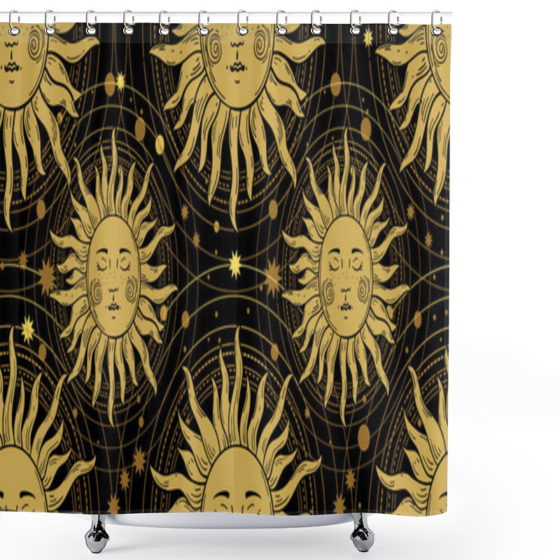 Personality  Seamless Pattern With The Golden Sun On A Black Background, Galaxies And Stars. Mystical Ornament In The Old Vintage Style. Vector Illustration. Shower Curtains