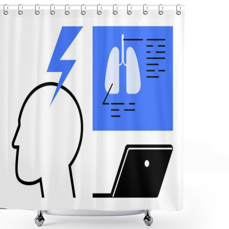 Personality  Human Head Silhouette With Lightning Bolt Indicates Brainstorming, Lungs Diagram On Tablet Conveys Medical Research. Ideal For Innovation, Medical Technology, Health, Digital Transformation Shower Curtains