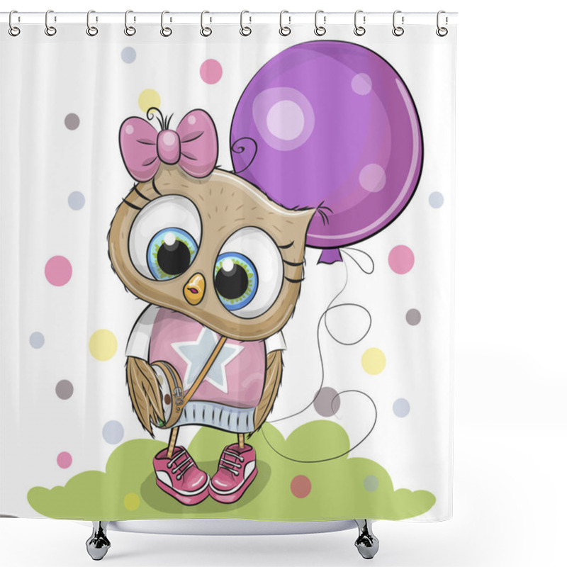 Personality  Greeting Card Cute Cartoon Owl With Purple Balloon Shower Curtains