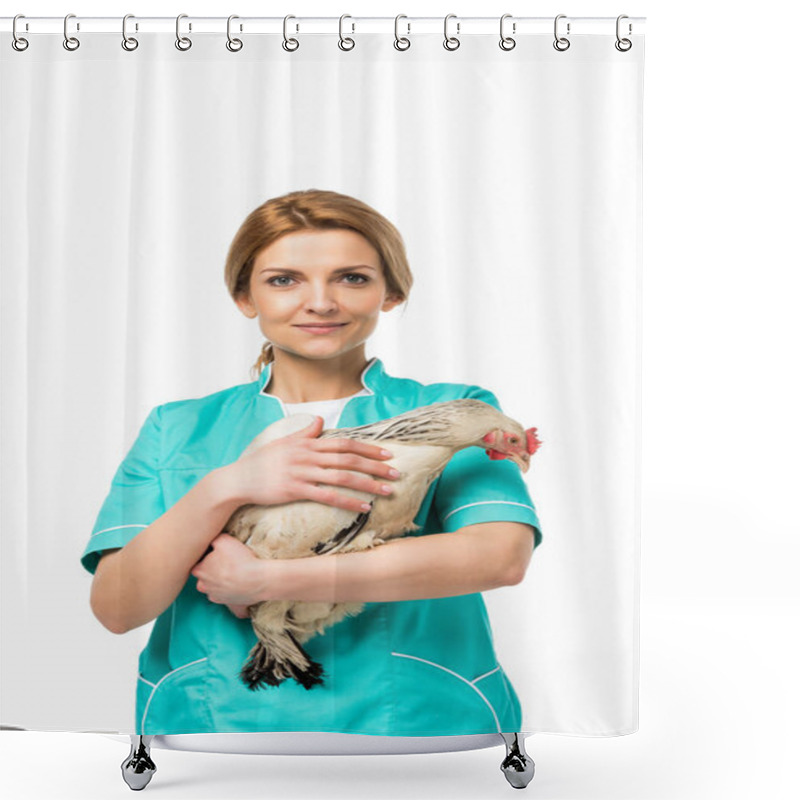 Personality  Portrait Of Veterinarian In Uniform Holding Chicken Isolated On White Shower Curtains