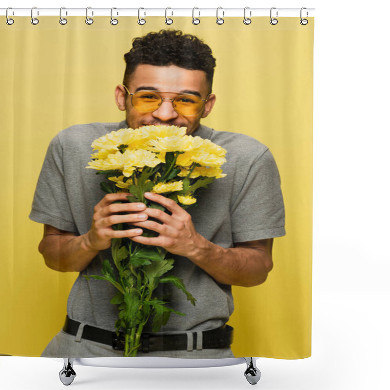 Personality  Happy African American Man In Sunglasses And Grey Tennis Shirt Holding Bouquet Of Flowers Isolated On Yellow  Shower Curtains