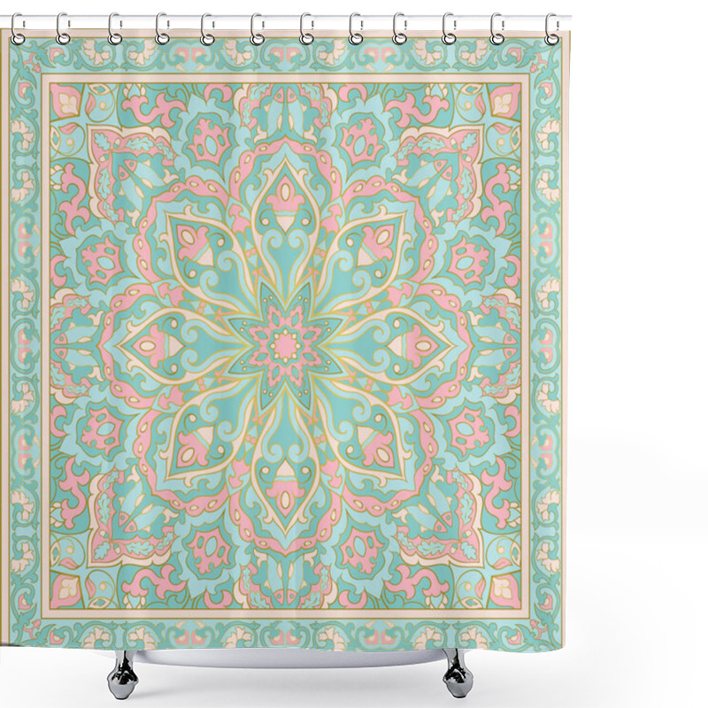 Personality  Oriental Floral Ornament With Frame. Turquoise And Pink Carpet. Template For Textile, Cushion, Shawl, Tapestry, Handkerchief.  Shower Curtains