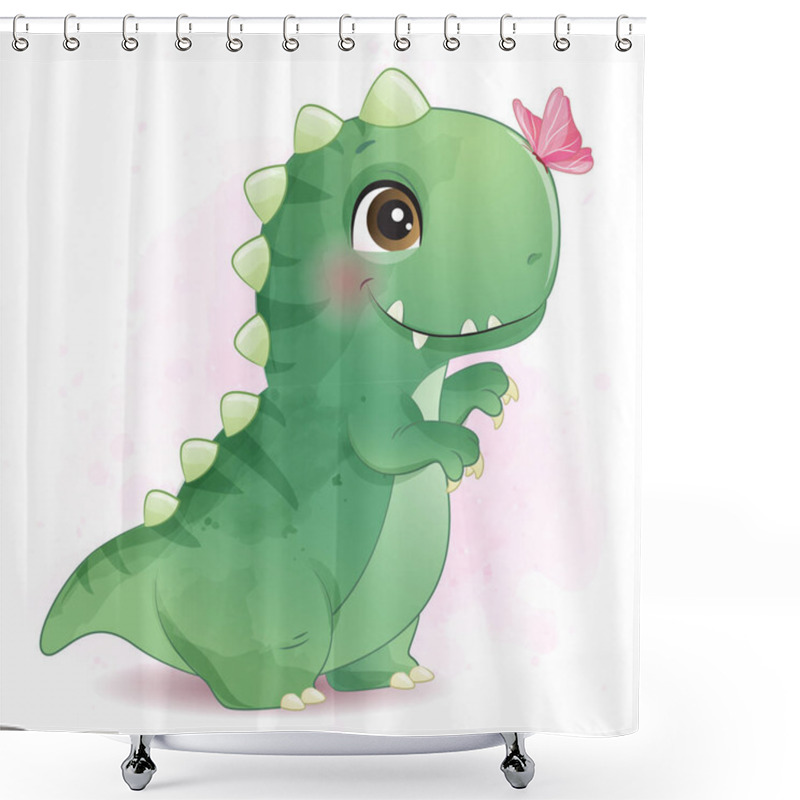 Personality  Cute Dinosaur Playing With Butterfly Illustration Shower Curtains