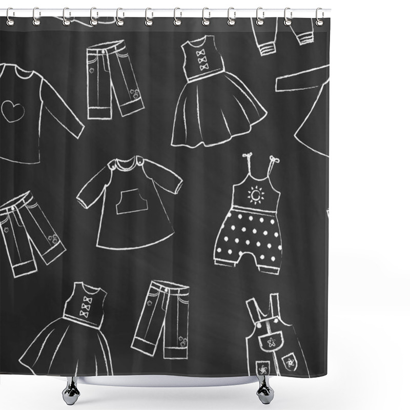 Personality  Seamless Pattern Black Chalk Board With White Cute Dresses For The Little Girl. Collection Of Clothing In A Linear Style For The Child. Hand-drawn Style. Seamless Vector Wallpaper Shower Curtains