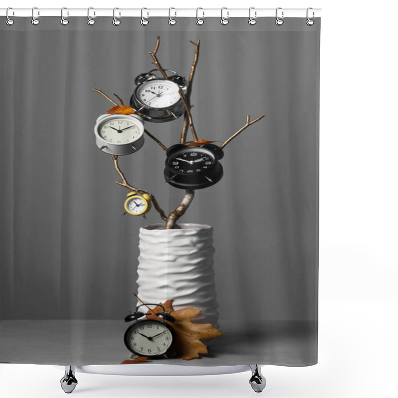 Personality  Vase With Alarm Clocks, Branch And Dry Leaves On Light Grey Background Shower Curtains