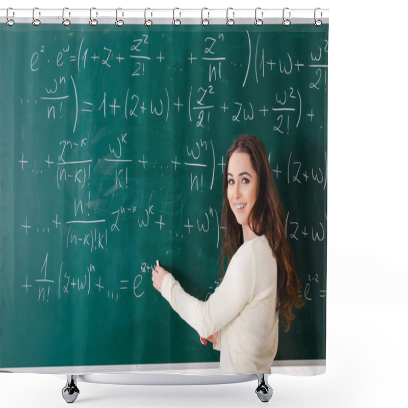 Personality  Young Female Math Teacher In Front Of Chalkboard   Shower Curtains