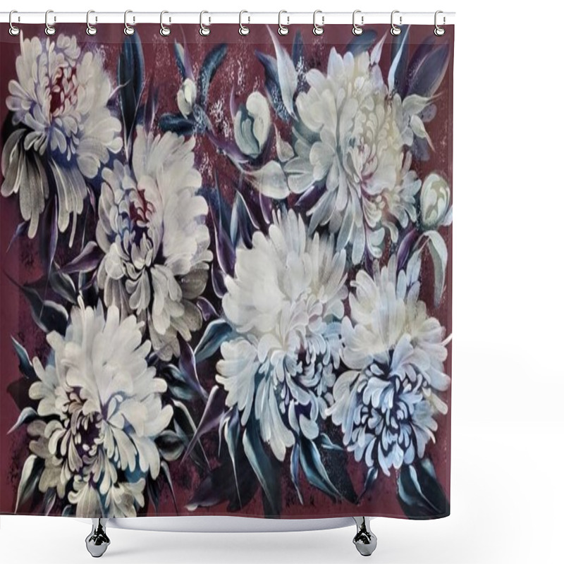 Personality  A Stunning Beautiful, Lush Bouquet Of Snow-white Peonies With Leaves On A Dark Pink Background, Made With A Brush In Large Strokes. Shower Curtains