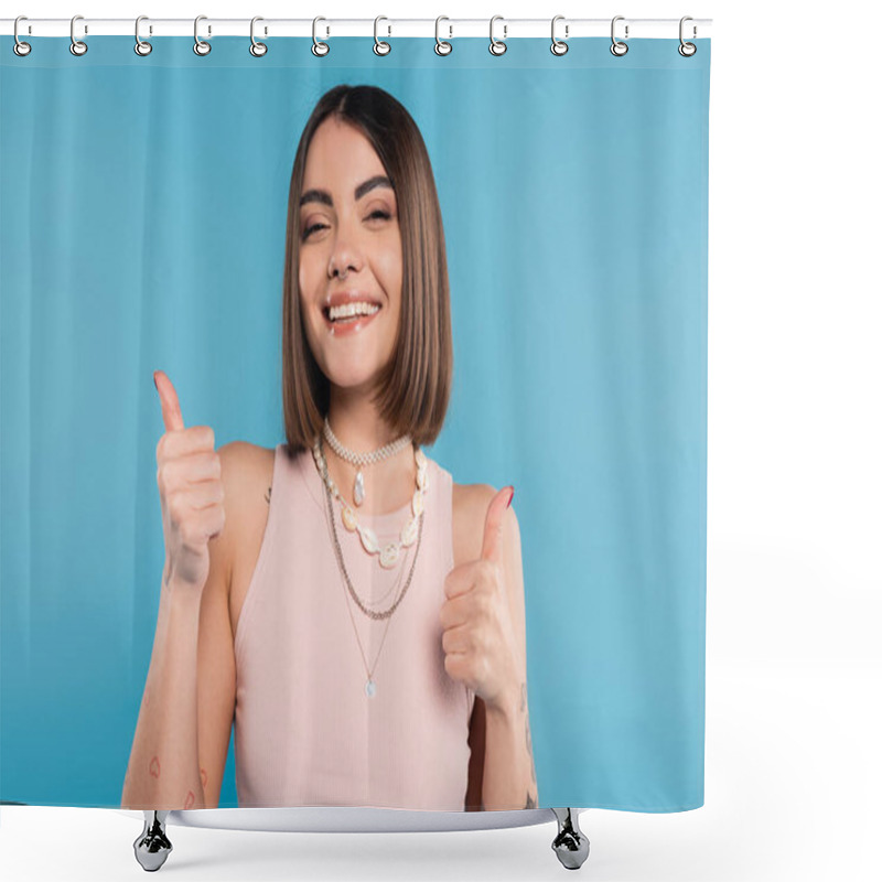 Personality  Positivity, Tattooed Young Woman With Short Brunette Hair In Tank Top Smiling And Showing Thumbs Up On Blue Background, Casual Attire, Gen Z Fashion, Happiness, Like Gesture Shower Curtains