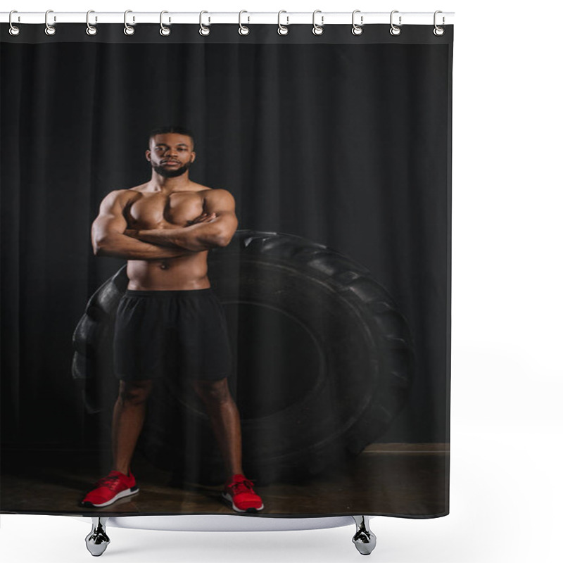 Personality  Full Length View Of Shirtless African American Sportsman Standing With Crossed Arms Near Big Tyre And Looking At Camera On Black  Shower Curtains