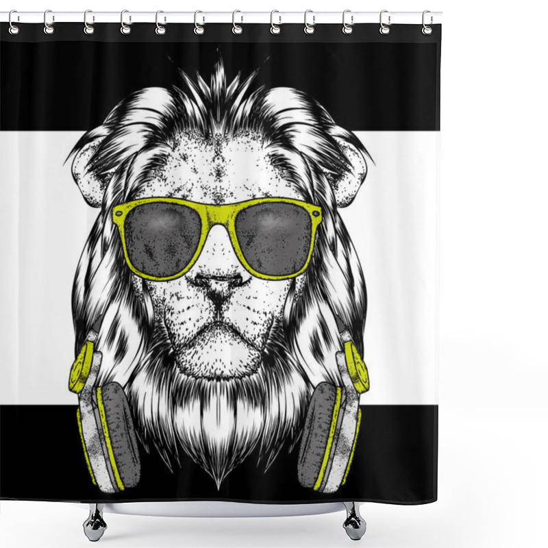 Personality  A Beautiful Lion Wearing Headphones And Glasses. Vector Illustration For A Postcard Or A Poster, Print For Clothes. I Love Music. Shower Curtains