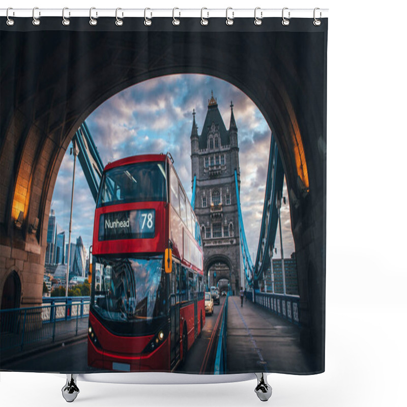 Personality  Red Double Decker Bus At The Tower Bridge In London Shower Curtains