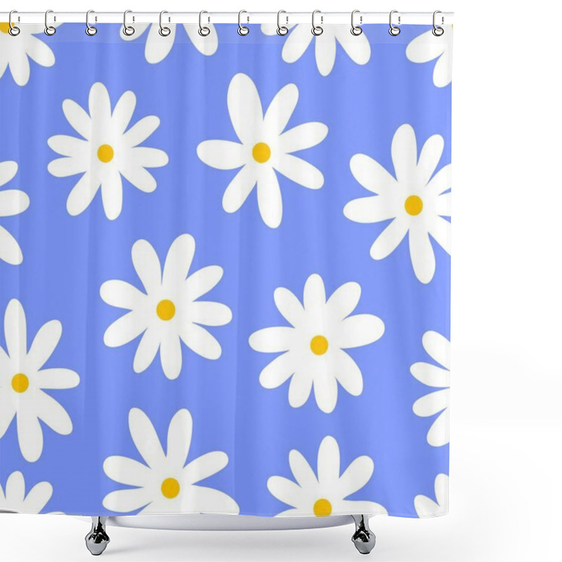 Personality  Pattern Daisy. Simple Flower Print. White Chamomile On Blue Seamless Background, Spring Flowers Repeat Fabric Texture, Doodle Bloom Flat Wallpaper. Vector Illustration. Seasonal Plant Blossom Shower Curtains