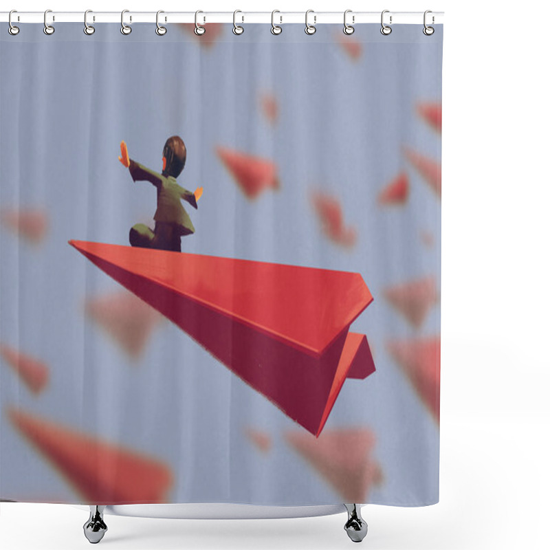 Personality  Man Sitting On Red Airplane Paper In The Sky Shower Curtains