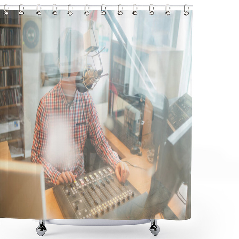 Personality  Radio Host Operating Sound Mixer In Studio Shower Curtains