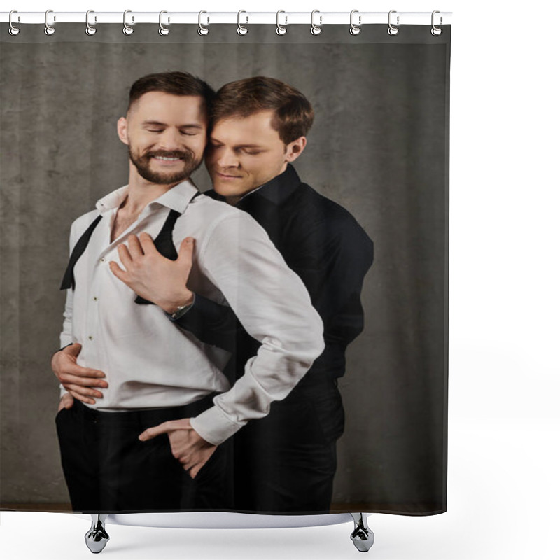 Personality  Two Men In Dapper Suits Embrace Lovingly In A Studio Setting. Shower Curtains