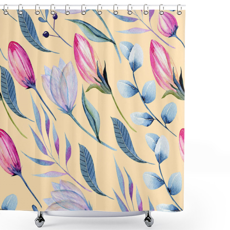 Personality  Watercolor Floral Buds And Branches In Pink And Blue Shades Seamless Pattern, Hand Painted On A Creamy Background Shower Curtains