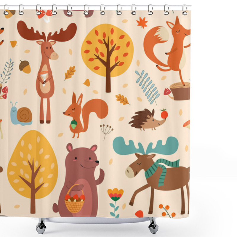 Personality  Autumn Pattern With Cute Hand Drawn Forest Animals And Fall Floral Elements. Vector Seamless Texture. Shower Curtains