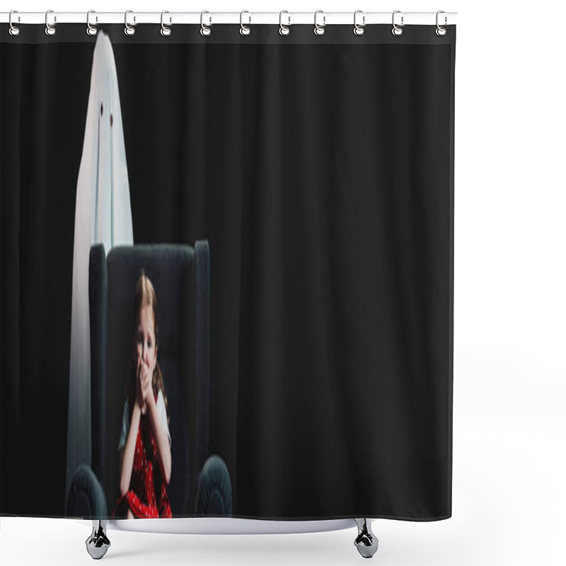 Personality  Panoramic Shot Of White Ghost And Scared Child Sitting In Armchair And Showing Hush Sign Isolated On Black Shower Curtains