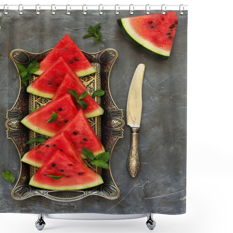 Personality  Slices Of Watermelon With Mint. View From Above. Shower Curtains