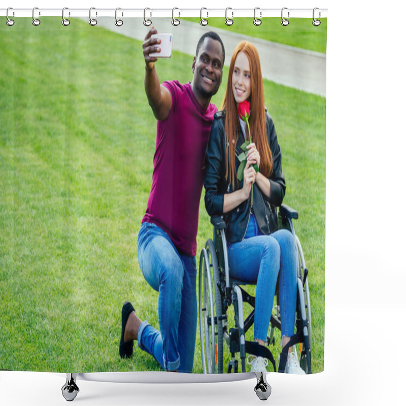 Personality  Afro American Man Sitting On Wheelchair ,his Redhaired Ginger Girlfriend Rolling Stroller In Autumn Park. Having Romantic Date.making A Selfie On Camera Smartphone Shower Curtains