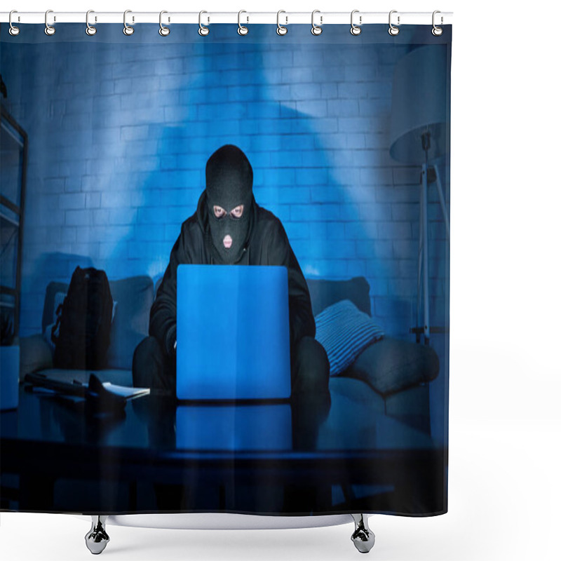 Personality  Masked Hacker Downloading Private Information Using Pc Shower Curtains