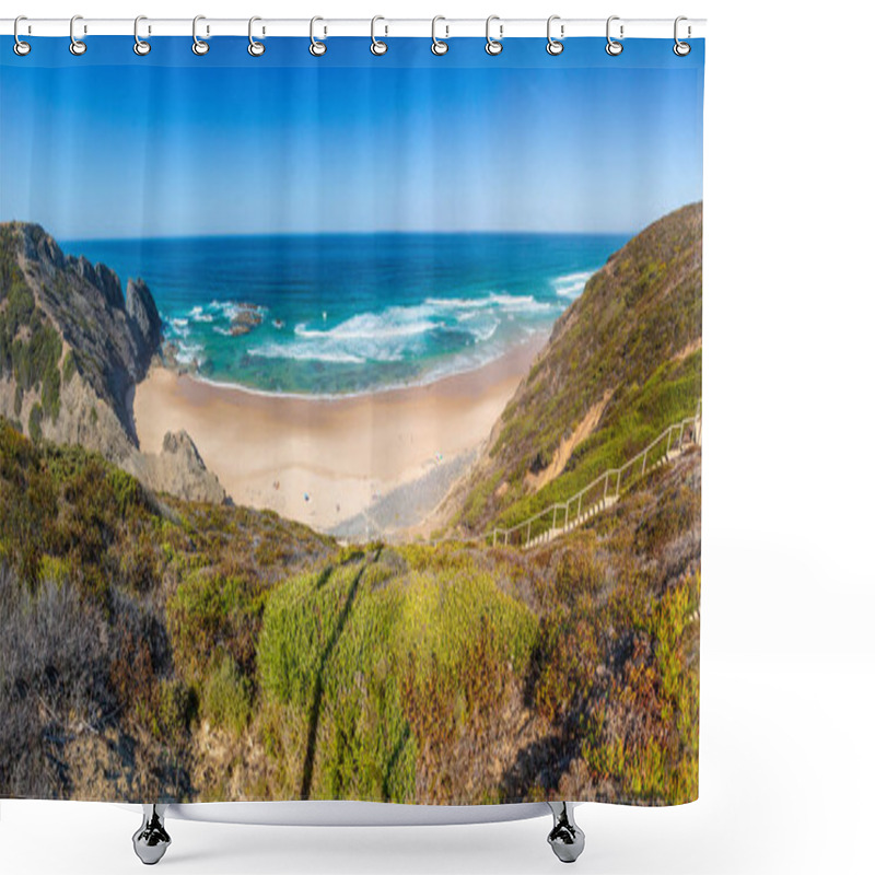 Personality  Panoramic Picture Of Praia Da Bordeira In Portugal Shower Curtains