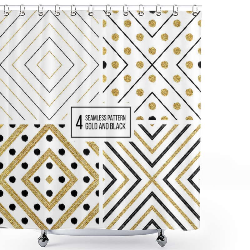 Personality  Geometric Seamless Pattern Of Gold And Black Stripes Circles Shower Curtains