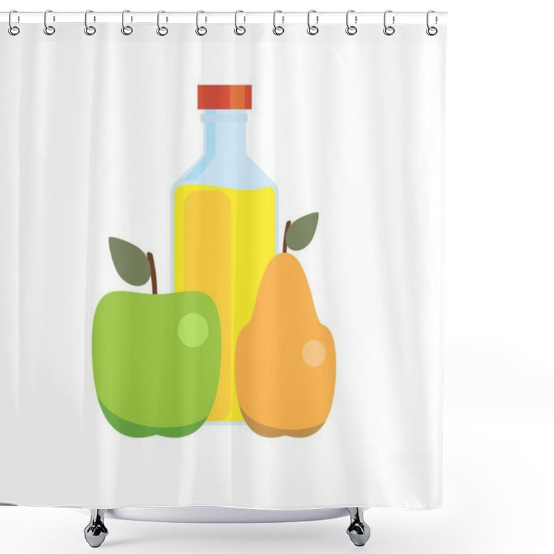 Personality  Apple And Pear With Bottling Fruits Ingredients Refreshment Drinks Against White Background Shower Curtains