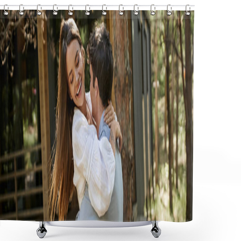 Personality  Banner, Joy, Happy Woman Hugging With Boyfriend Near Vacation House In Forest, Love, Romantic Couple Shower Curtains