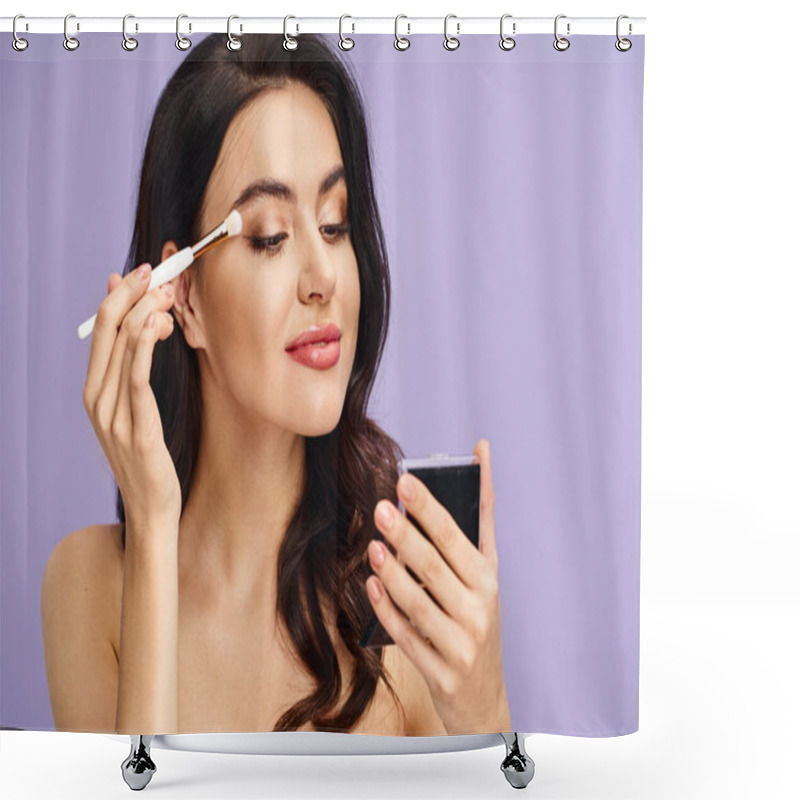 Personality  A Stunning Woman With Enchanting Natural Beauty Playfully Balances A Brush On Her Nose. Shower Curtains