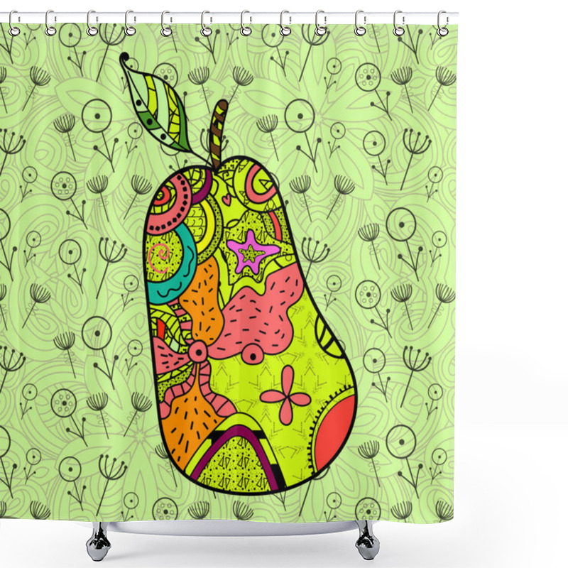 Personality  Pear In The Style Of Zentangl Art On A Green Background With Doodle Flowers. - Vector Shower Curtains