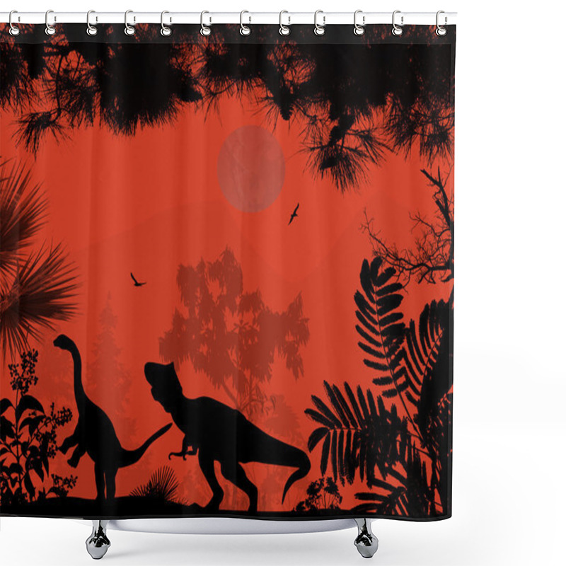 Personality  Dinosaurs Silhouettes In Beautiful Landscape Shower Curtains