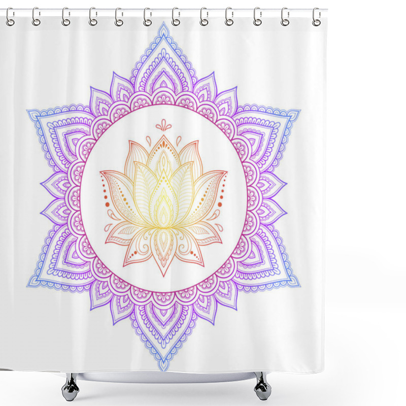 Personality  Circular Pattern In Form Of Mandala With Lotus Flower For Henna, Mehndi, Tattoo, Decoration. Decorative Ornament In Ethnic Oriental Style. Rainbow Design On White Background. Shower Curtains